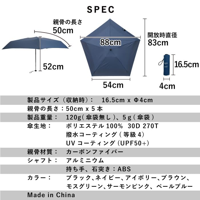 超コンパクト折りたたみ傘 Minimo#3 ミニ傘 折り畳み傘 カーボンファイバー 長さ16.5cm 軽量120g 直径4cm UVカット晴雨兼用UPF50+ ブラック