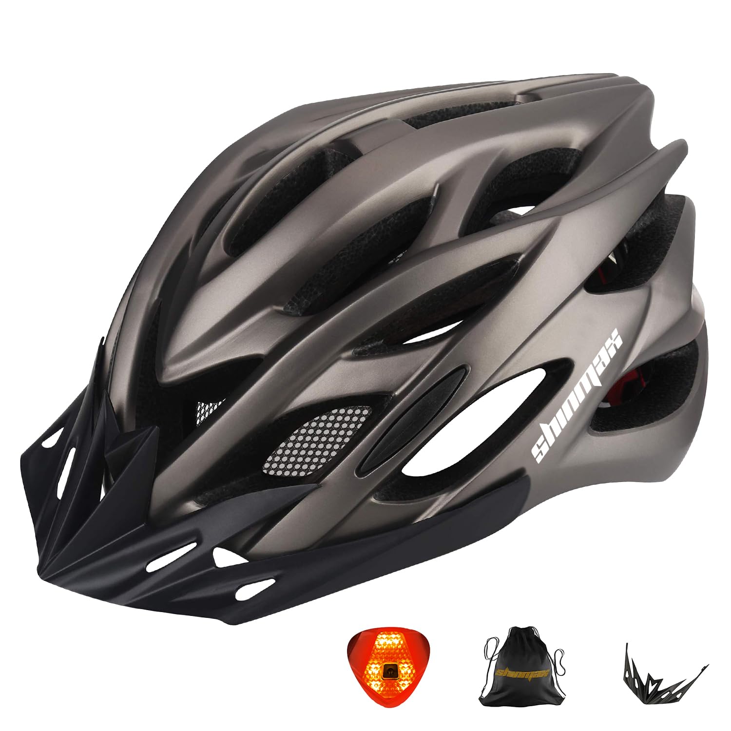 Shinmax 自転車 ヘルメット 大人 CPSC認定済み LEDライト付 ロードバイクヘルメット 57cm~62cm 軽量 虫対策 サンバイザー 着脱可能 男性 女性 サイクリング 山地 ロード オフロード MTB 通気性 高剛性 調整可能 M/L (チタン)
