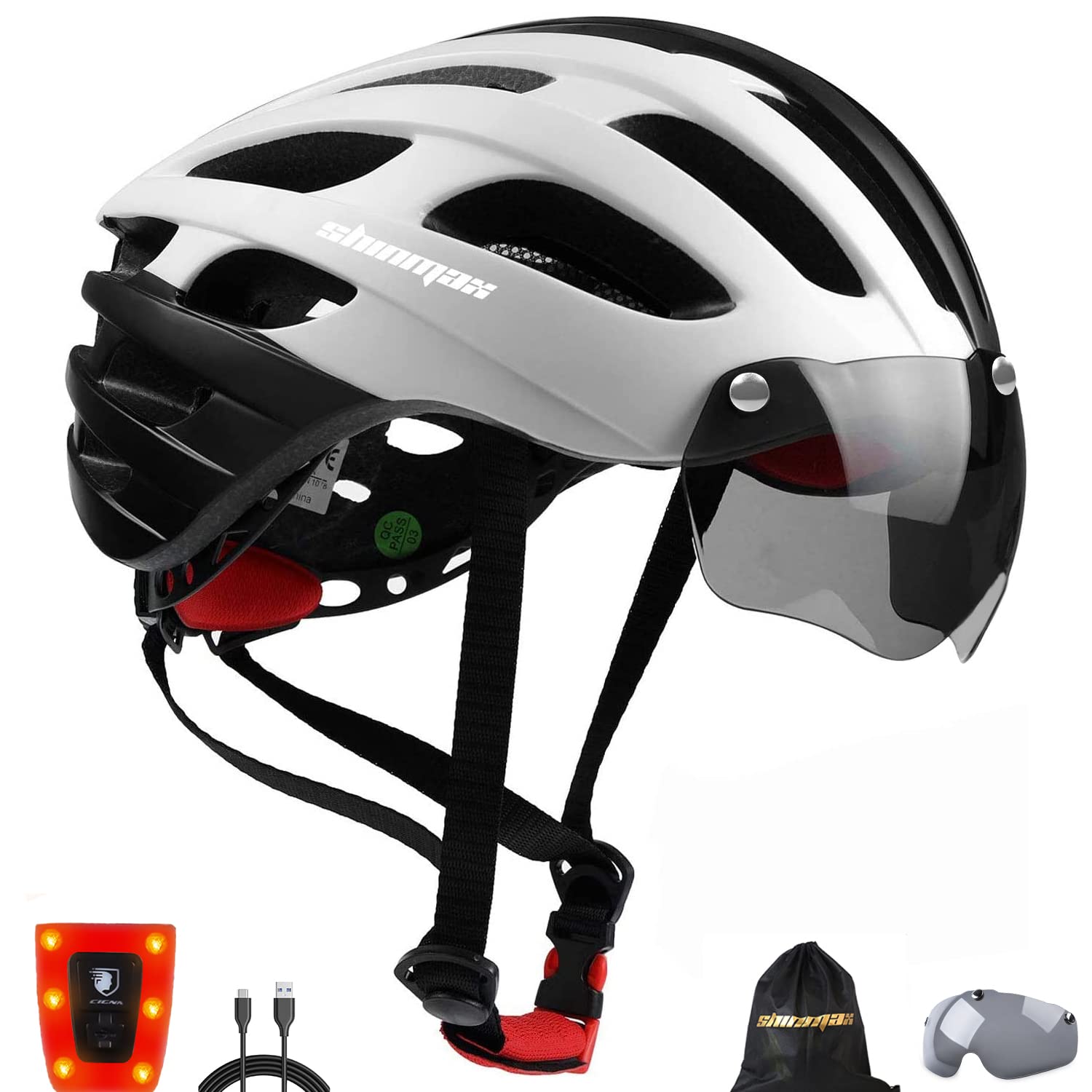 Shinmax ヘルメット 自転車 大人 CPSC認定済み USB充電 LEDライト付 反射ステッカー付き ロードバイクヘルメット 軽量 虫対策 磁気ゴーグル 着脱可能 57cm~62cm 男性 女性 サイクリング 山地 ロード オフロード 通気性 高剛性 調整可能 M/L