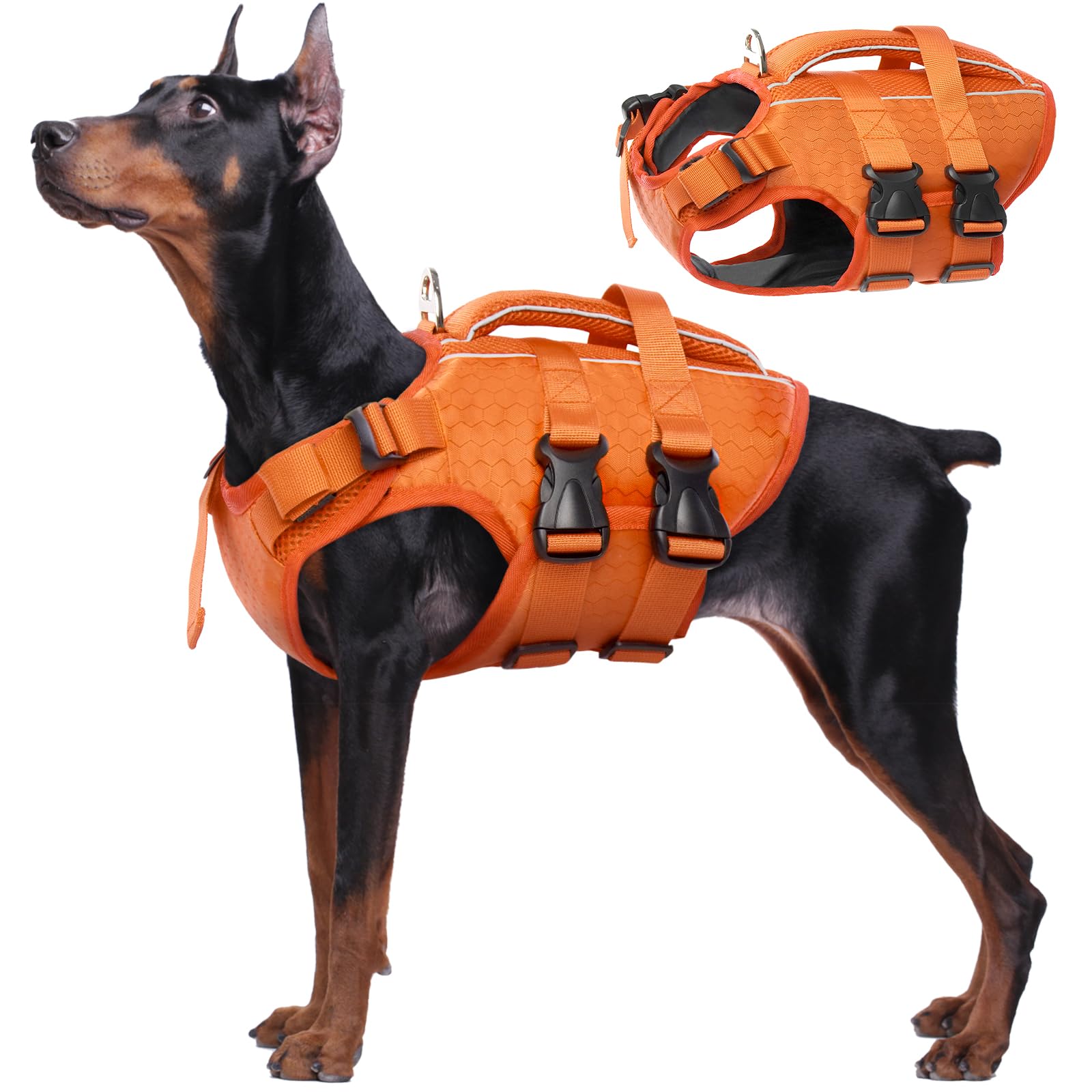 Kuoser犬用ライフジャケット 大型犬用 高浮力 反射テープ付き 高視認性 調節可能 犬用ライフセーバー 救命胴衣 水泳 プール 水遊び オレンジXL