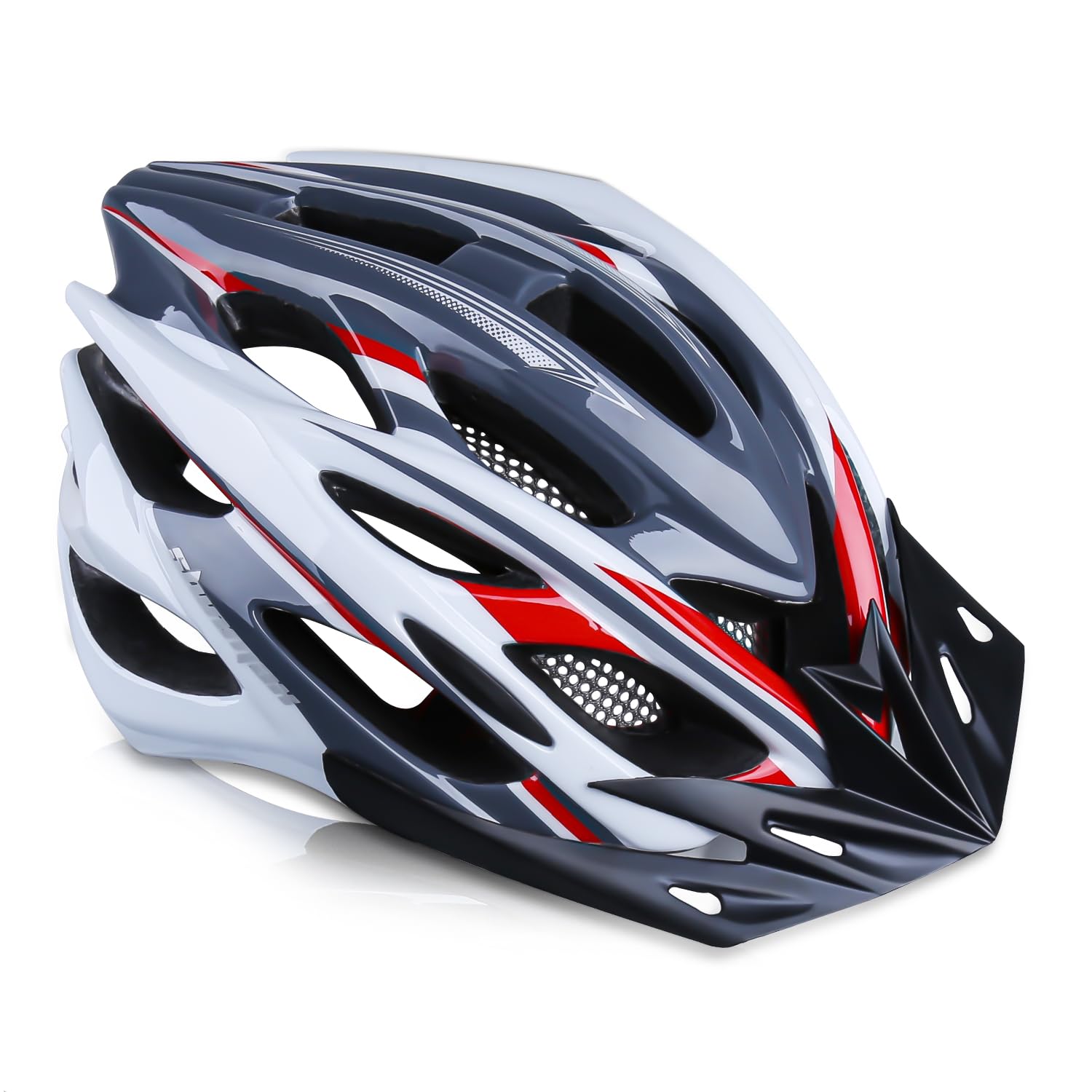 Shinmax 自転車 ヘルメット 大人 CPSC認定済み LEDライト付 ロードバイクヘルメット 57cm~62cm 軽量 虫対策 サンバイザー 着脱可能 男性 女性 サイクリング 山地 ロード オフロード MTB 通気性 高剛性 調整可能 M/L (グレー・レッド・シロ)