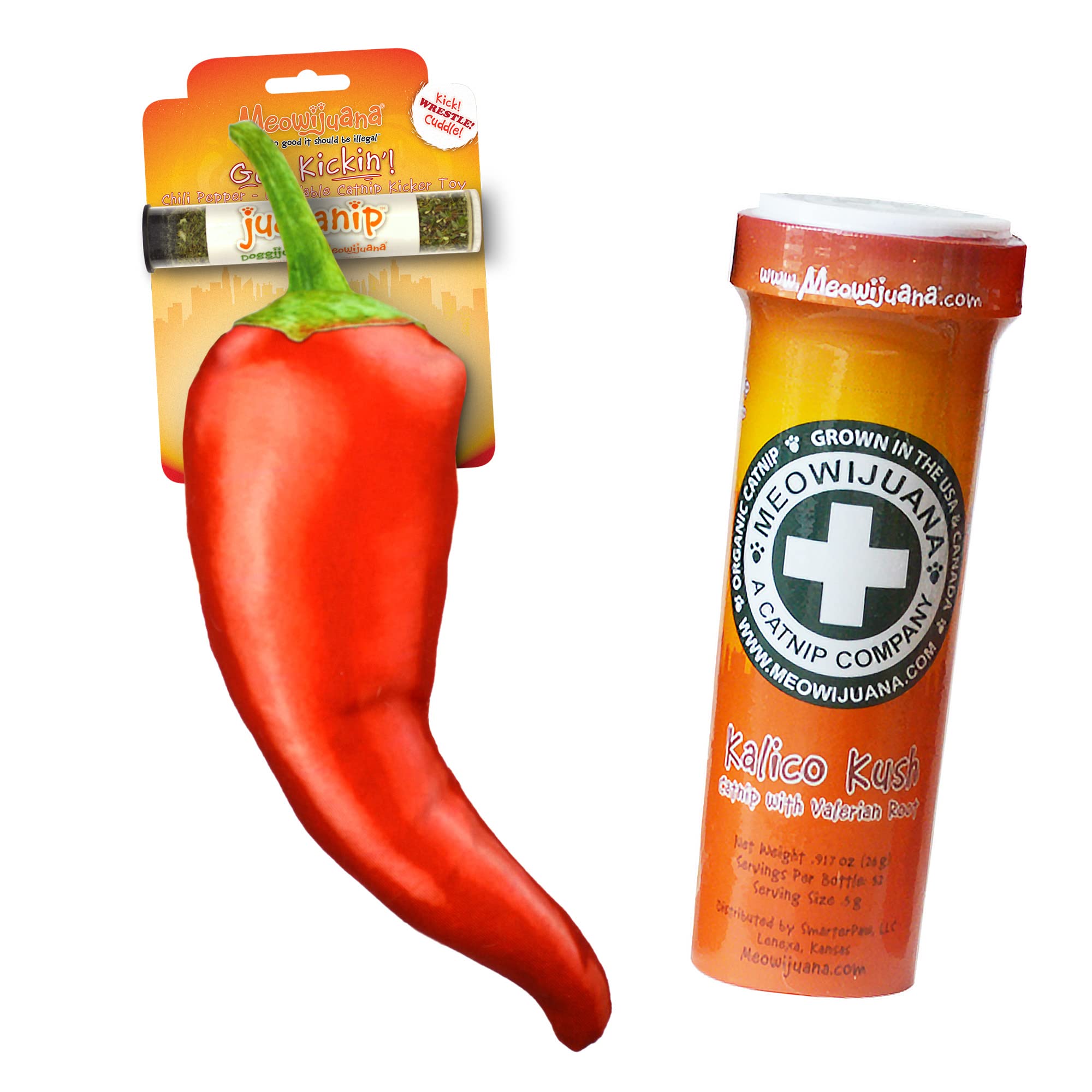 Meowijuana | Pepper Bundle | Get Kickin' Refillable Chili Pepper Toy and Kalico Kush Catnip Blend | Promotes Play and Cat Health | Includes Organic Catnip