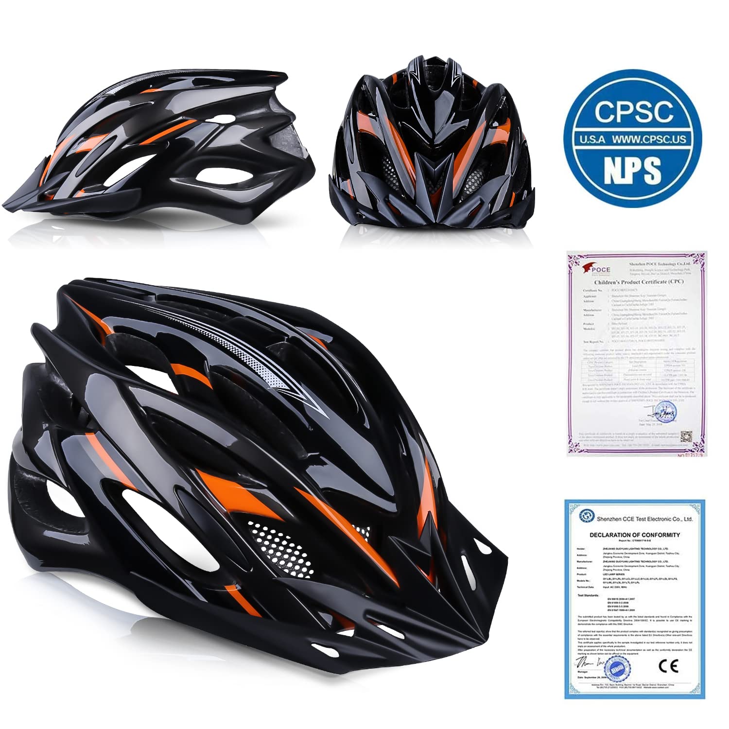 Shinmax 自転車 ヘルメット 大人 CPSC認定済み LEDライト付 ロードバイクヘルメット 57cm~62cm 軽量 虫対策 サンバイザー 着脱可能 男性 女性 サイクリング 山地 ロード オフロード MTB 通気性 高剛性 調整可能 M/L (オレンジ)