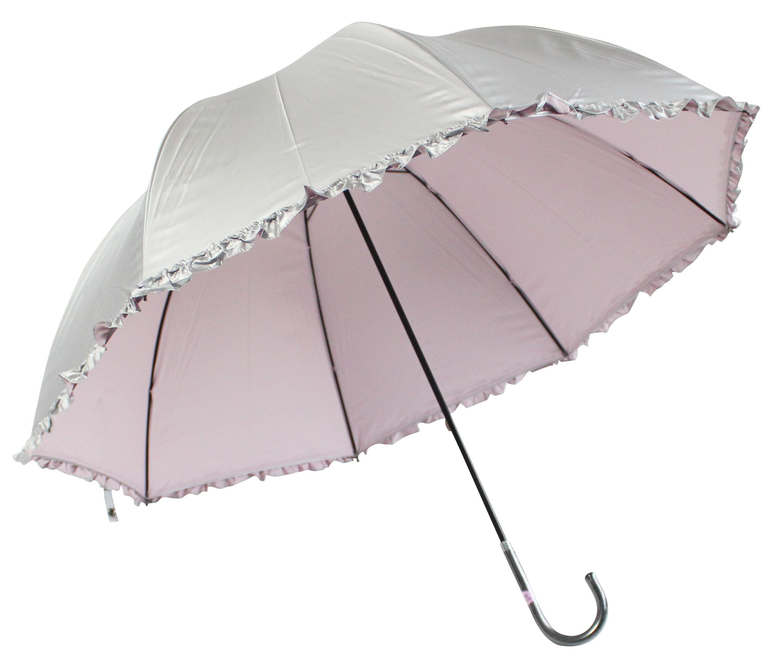 オカモト原宿店 日光を遮断！ 晴雨兼用 日傘 かわいいドーム型 生地表シルバーコーティング フリル付 UVカット 紫外線遮蔽率97% UPF50＋60cm 手開き傘 (ピンク)