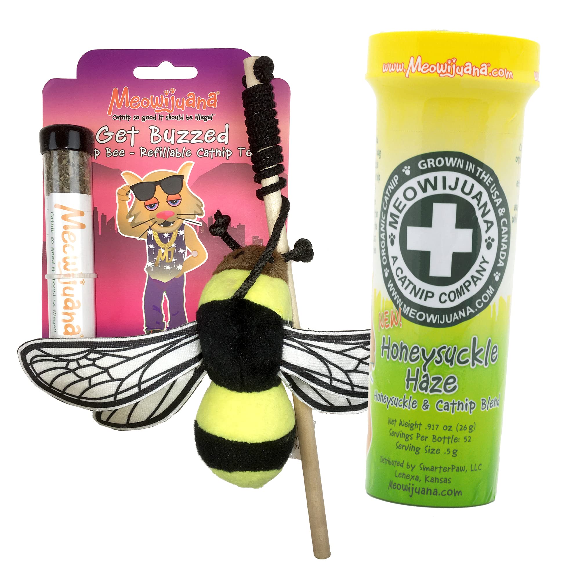 Meowijuana | Honey Bee Bundle | Get Buzzed Refillable Bee Wand Toy and Honeysuckle Haze Catnip Blend | Promotes Play and Cat Health | Includes Organic Catnip