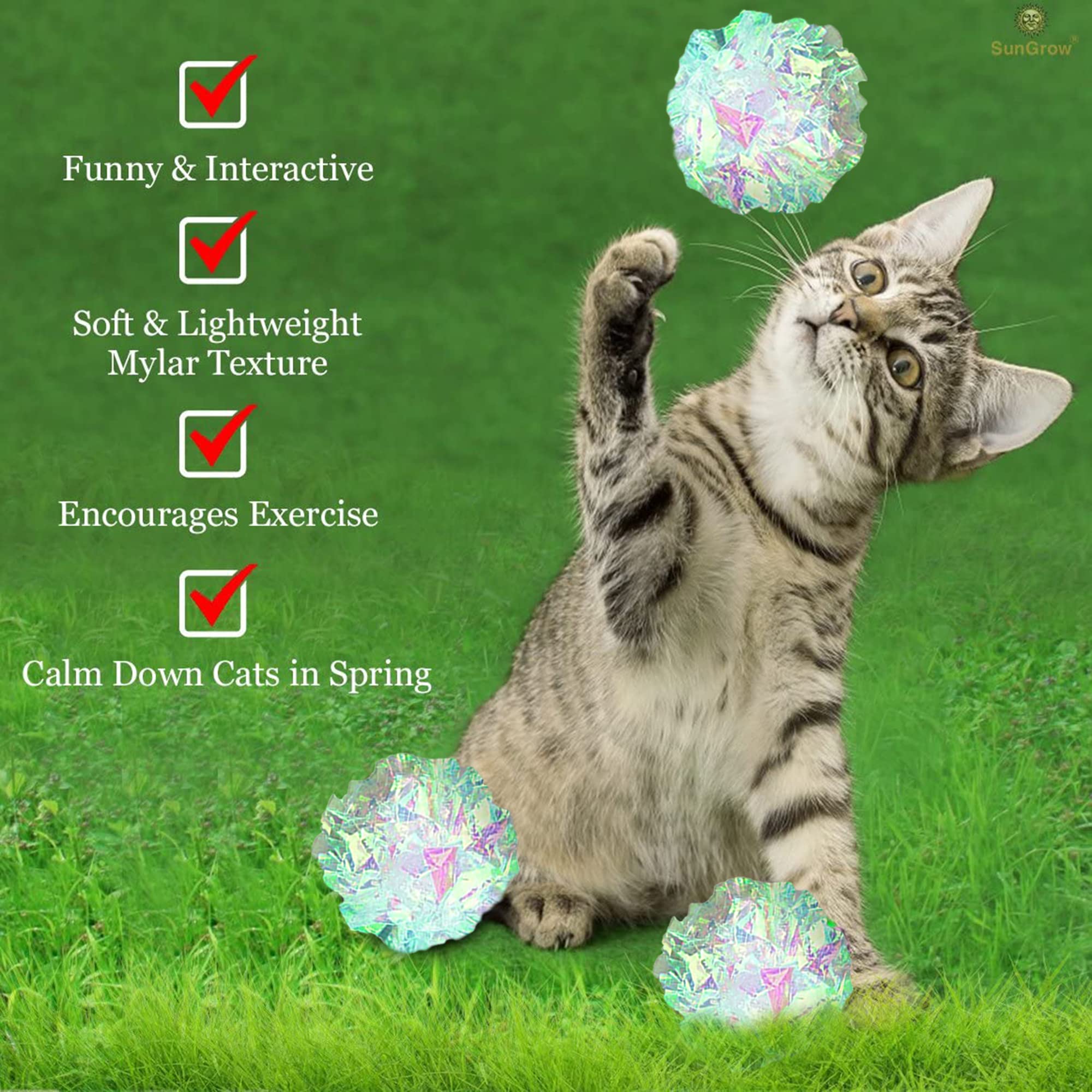 SunGrow Catクリンクルボール、屋内ペット用おもちゃ、軽量およびシルバー、子猫および成猫に最適、1.5〜2インチ、パックあたり12個