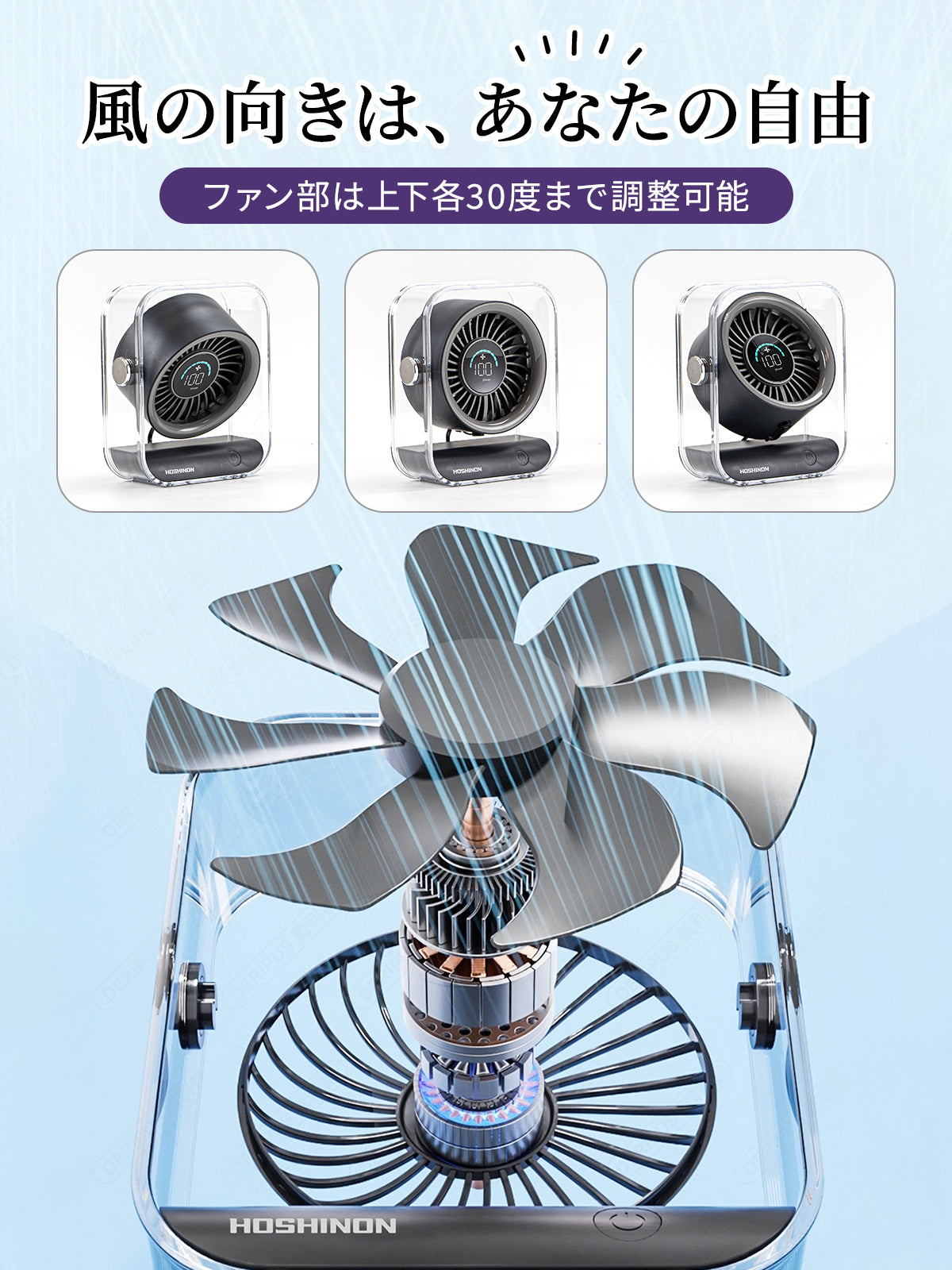 ホシノン 卓上扇風機 静音 小型 大風量 USB充電式 デスクファン